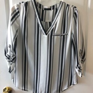 White VNeck blouse with navy stripes from Dynamite